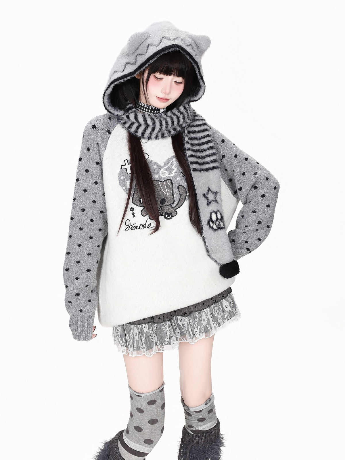 CRAZYGIRL Heart Cat Ear Color Block Polka Dot Patchwork Loose Women&