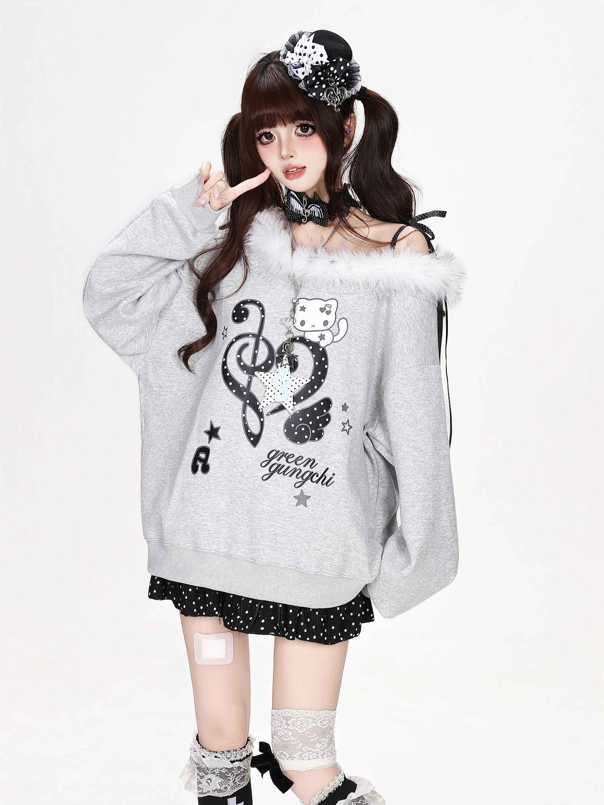 CRAZYGIRL_Heart_Note_Print_Fur_Collar_Off_Shoulder_Loose_Women&
