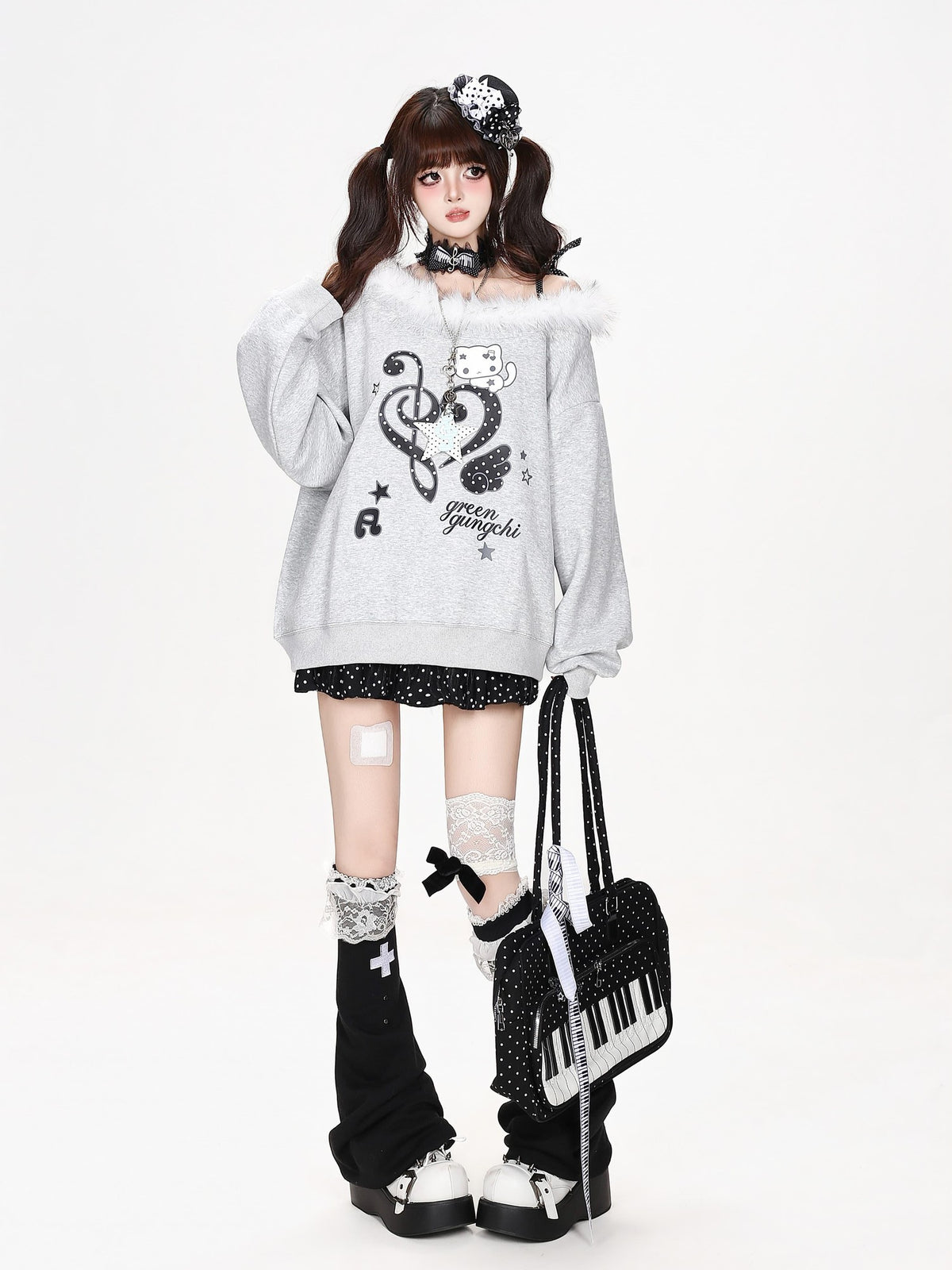 CRAZYGIRL Heart Note Print Fur Collar Off Shoulder Loose Women&