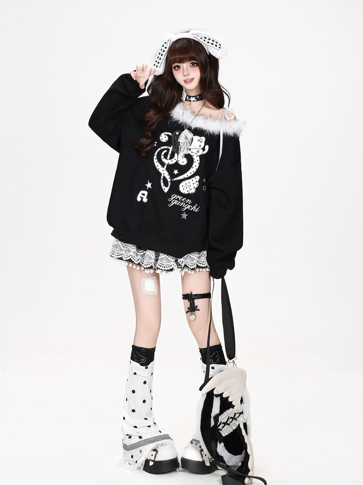 CRAZYGIRL Heart Note Print Fur Collar Off Shoulder Loose Women&