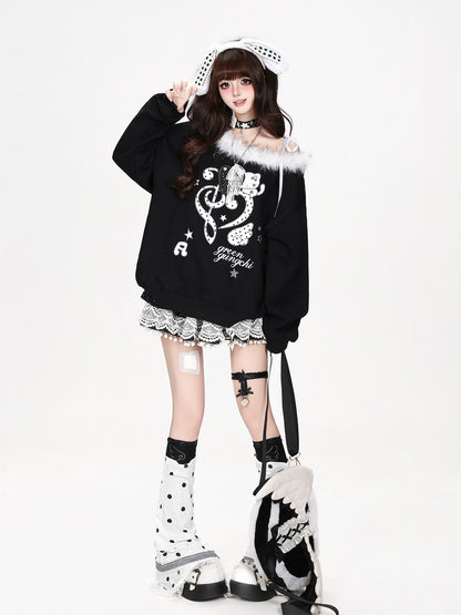 CRAZYGIRL Heart Note Print Fur Collar Off Shoulder Loose Women&