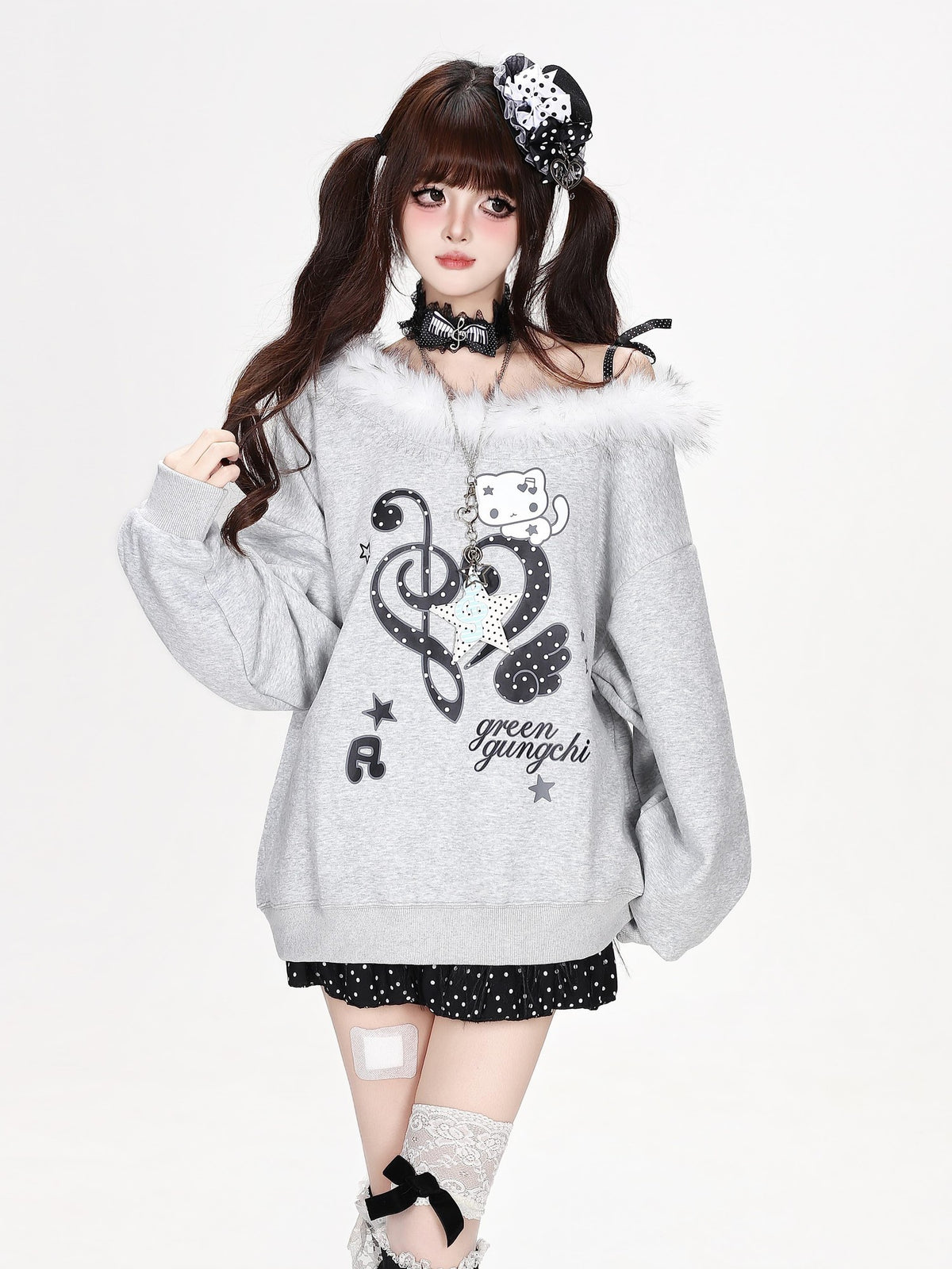 CRAZYGIRL Heart Note Print Fur Collar Off Shoulder Loose Women&