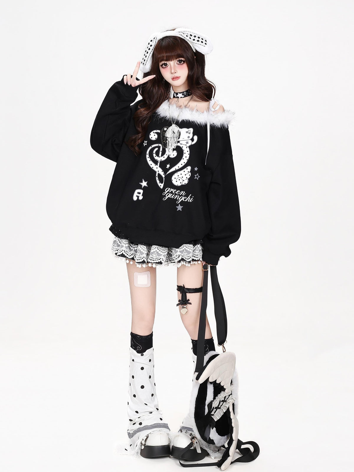 CRAZYGIRL Heart Note Print Fur Collar Off Shoulder Loose Women&