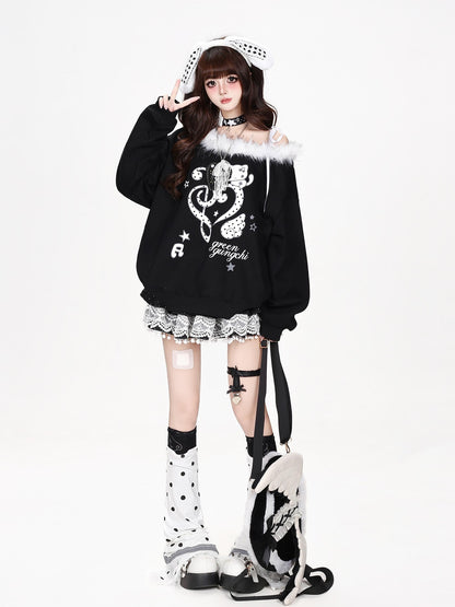 CRAZYGIRL Heart Note Print Fur Collar Off Shoulder Loose Women&