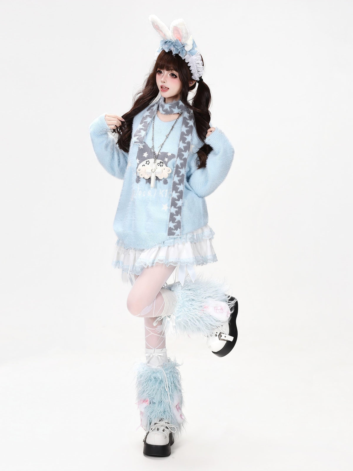 CRAZYGIRL Jacquard Cat Star Scarf Print Loose Knit Women&