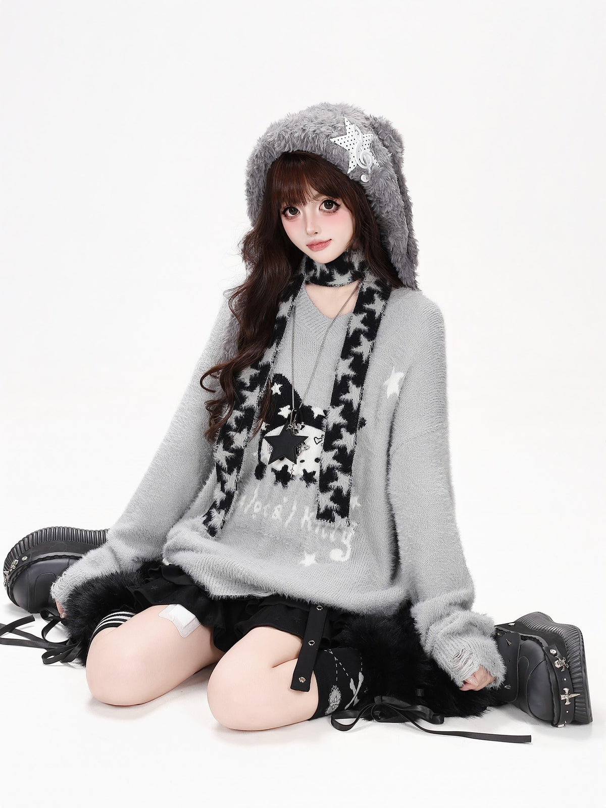CRAZYGIRL Jacquard Cat Star Scarf Print Loose Knit Women&