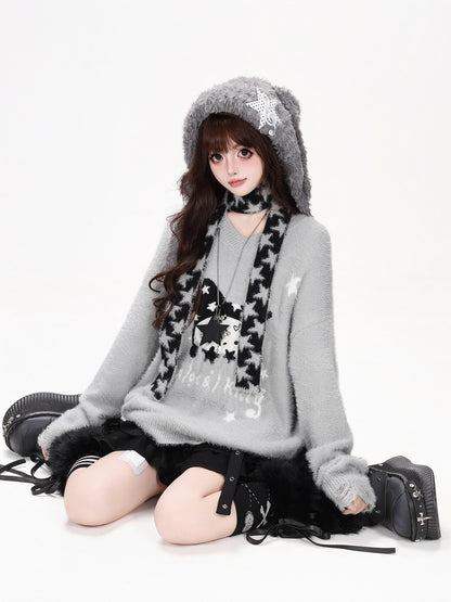 CRAZYGIRL Jacquard Cat Star Scarf Print Loose Knit Women&