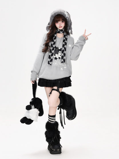 CRAZYGIRL Jacquard Cat Star Scarf Print Loose Knit Women&