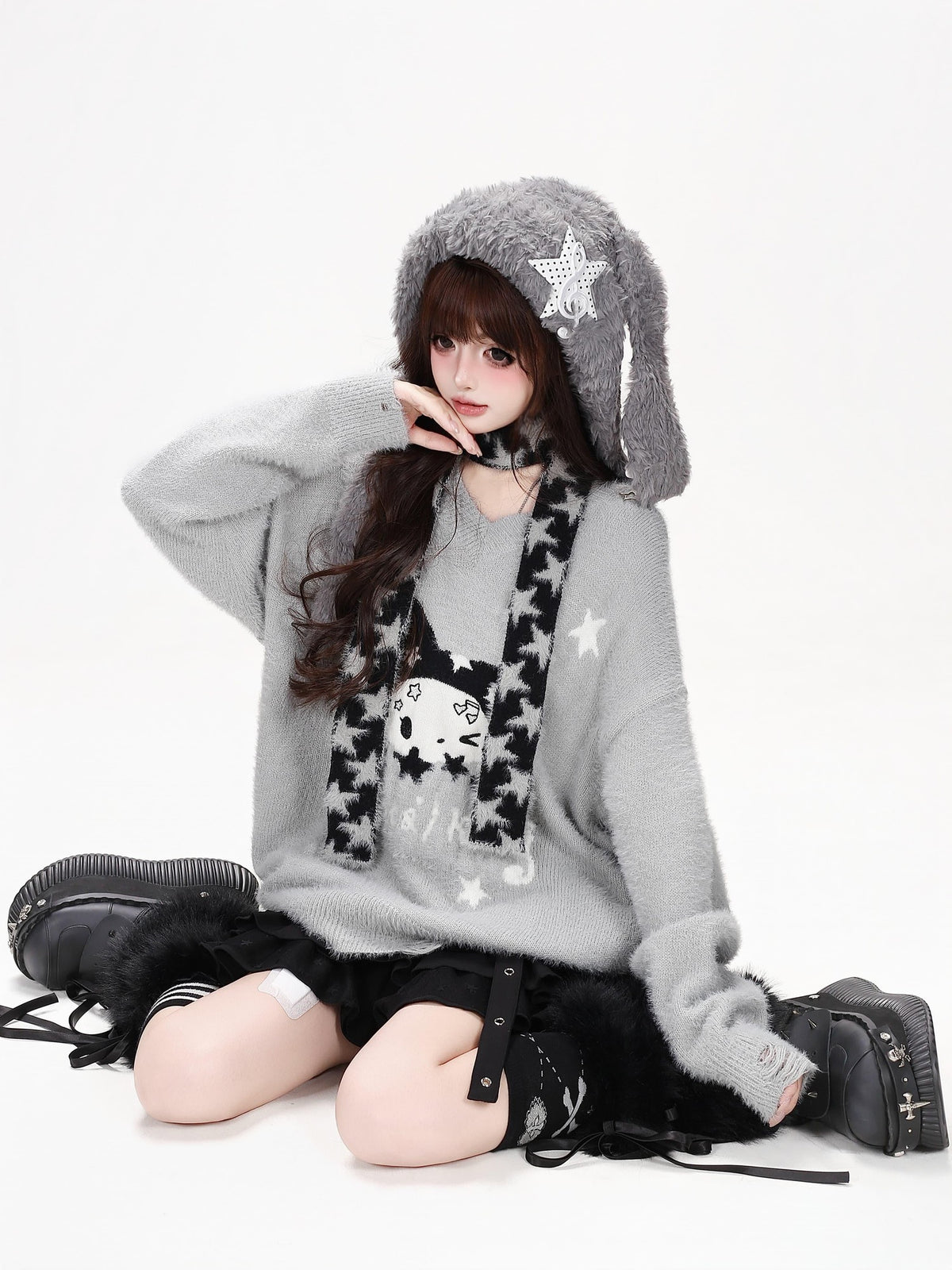 CRAZYGIRL Jacquard Cat Star Scarf Print Loose Knit Women&