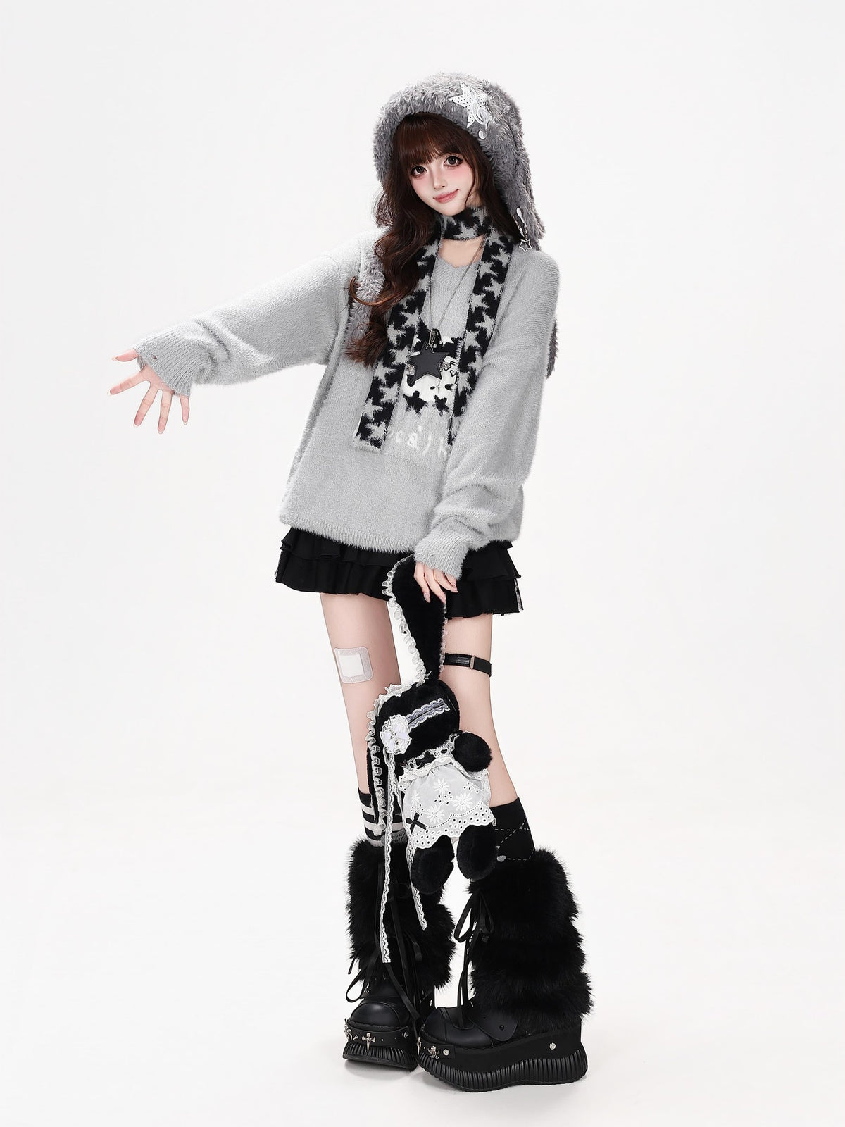 CRAZYGIRL Jacquard Cat Star Scarf Print Loose Knit Women&