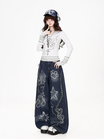 CRAZYGIRL Line Graffiti Embroidered Loose Women&