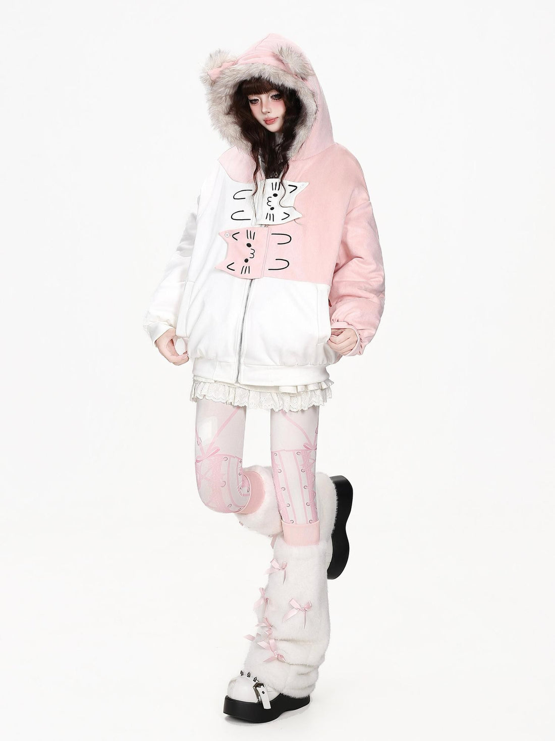 CRAZYGIRL Loose Fit Hooded Zip Sweet Cat Print Women&
