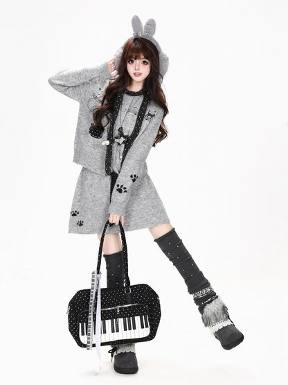 CRAZYGIRL Music Score Embroidered Cropped Knit Korean Women&