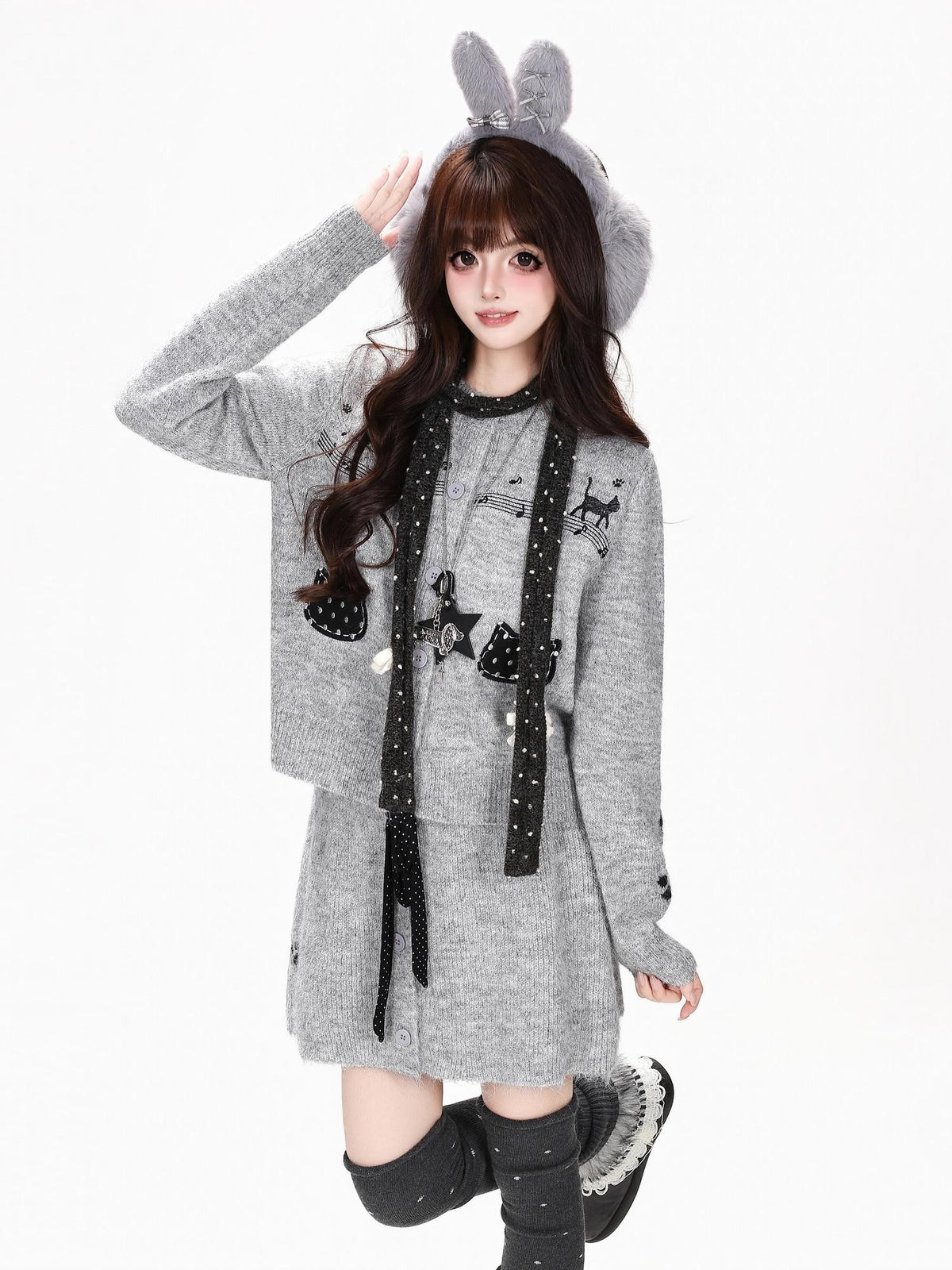 CRAZYGIRL Music Score Embroidered Cropped Knit Korean Women&