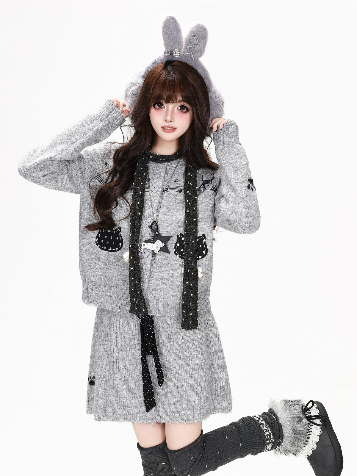CRAZYGIRL Music Score Embroidered Cropped Knit Korean Women&