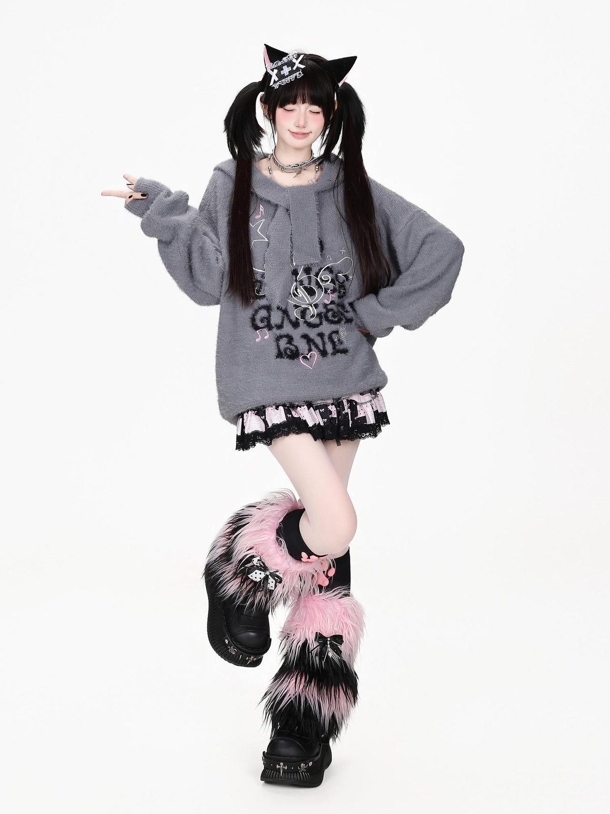 CRAZYGIRL Musical Note Embroidery Cat Ear Hooded Loose Fit Faux Mink Women&