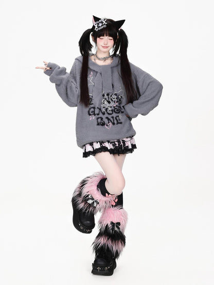 CRAZYGIRL Musical Note Embroidery Cat Ear Hooded Loose Fit Faux Mink Women&