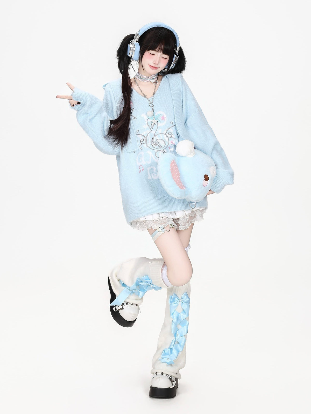 CRAZYGIRL Musical Note Embroidery Cat Ear Hooded Loose Fit Faux Mink Women&