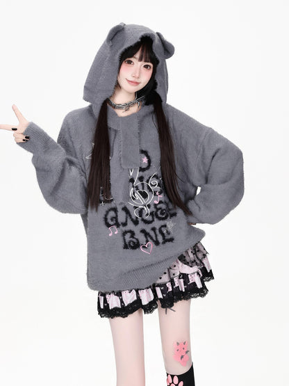 CRAZYGIRL Musical Note Embroidery Cat Ear Hooded Loose Fit Faux Mink Women&