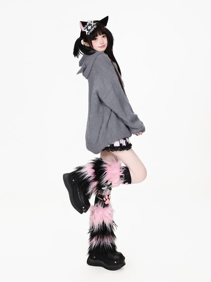 CRAZYGIRL Musical Note Embroidery Cat Ear Hooded Loose Fit Faux Mink Women&