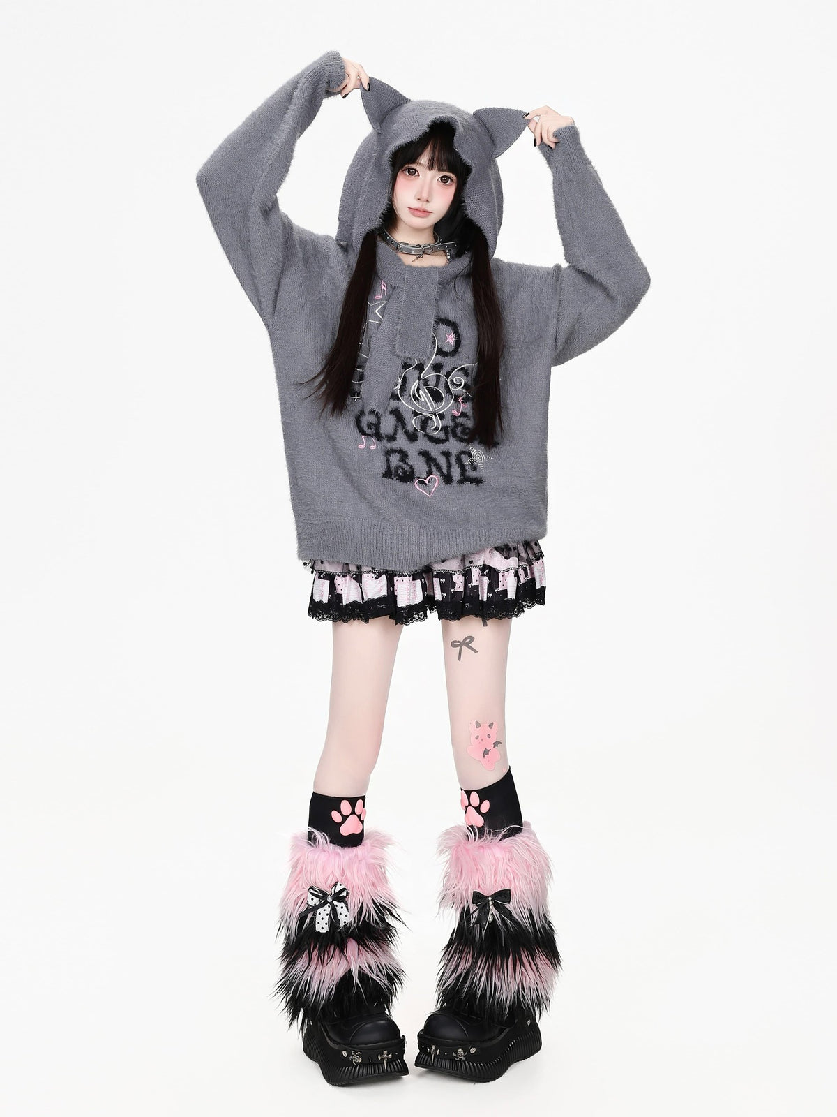 CRAZYGIRL Musical Note Embroidery Cat Ear Hooded Loose Fit Faux Mink Women&