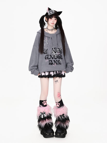 CRAZYGIRL Musical Note Embroidery Cat Ear Hooded Loose Fit Faux Mink Women&