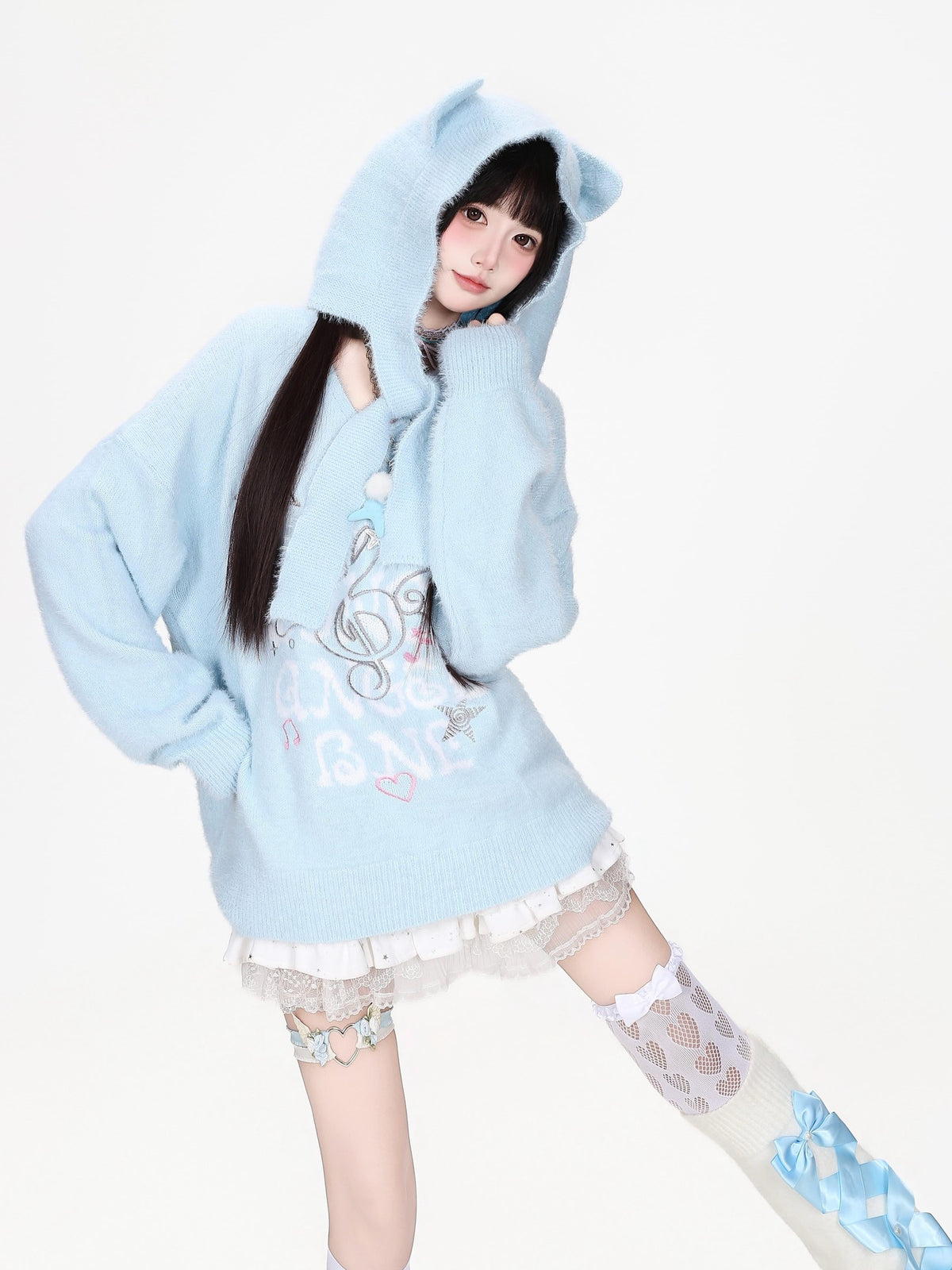 CRAZYGIRL Musical Note Embroidery Cat Ear Hooded Loose Fit Faux Mink Women&
