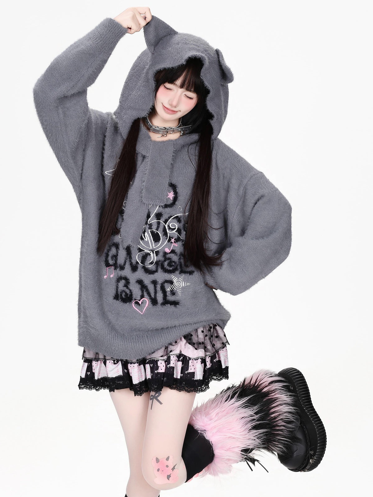 CRAZYGIRL Musical Note Embroidery Cat Ear Hooded Loose Fit Faux Mink Women&