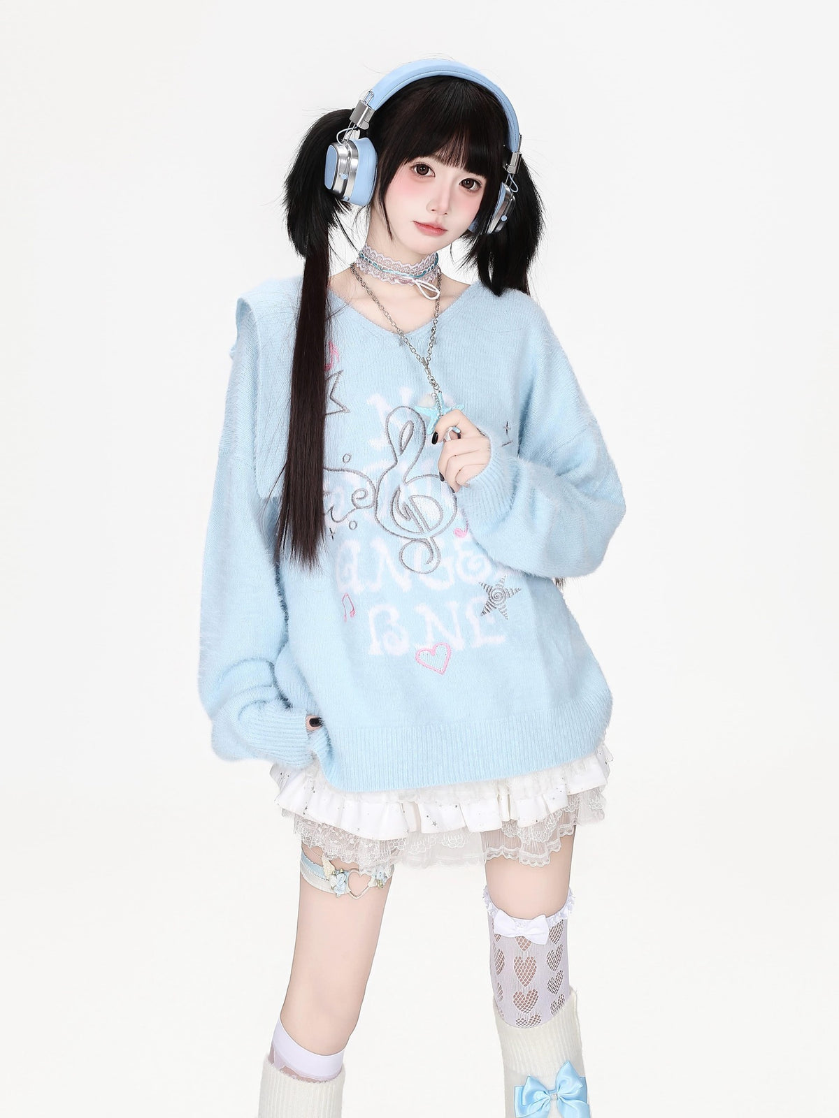 CRAZYGIRL Musical Note Embroidery Cat Ear Hooded Loose Fit Faux Mink Women&
