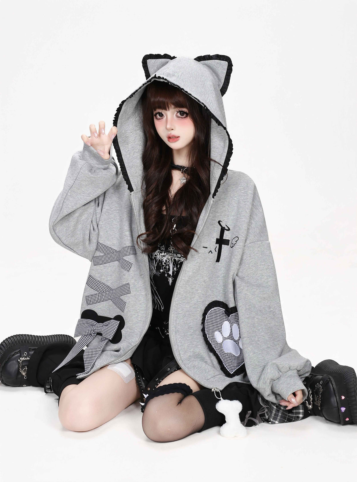 CRAZYGIRL_Plaid_Bow_Heart_Print_Hooded_Women&