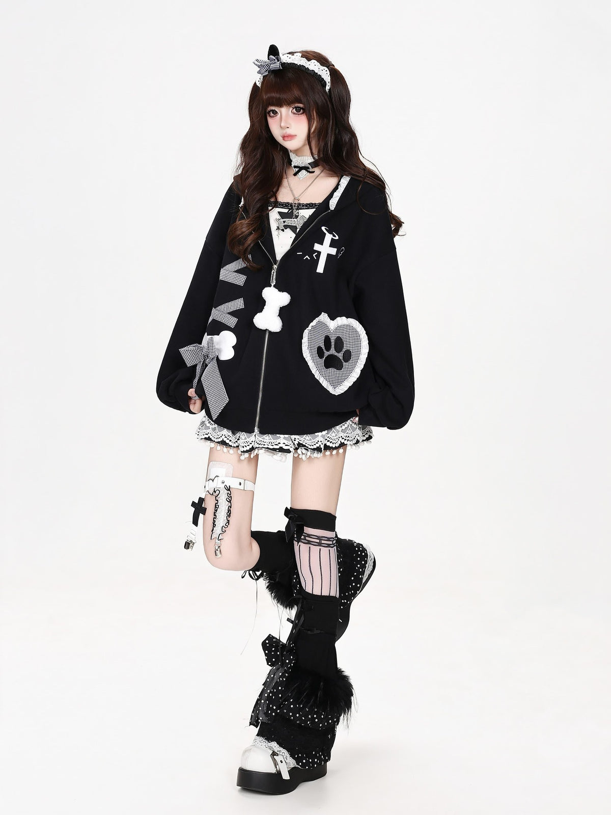 CRAZYGIRL Plaid Bow Heart Print Hooded Women&