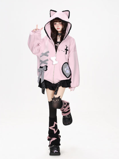 CRAZYGIRL Plaid Bow Heart Print Hooded Women&