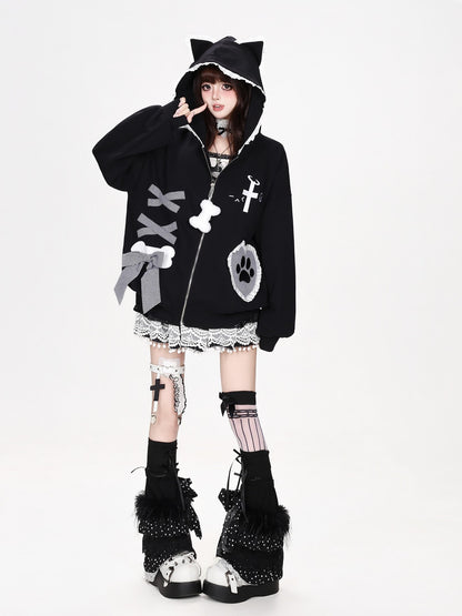 CRAZYGIRL Plaid Bow Heart Print Hooded Women&