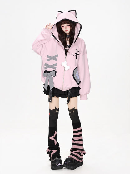 CRAZYGIRL Plaid Bow Heart Print Hooded Women&