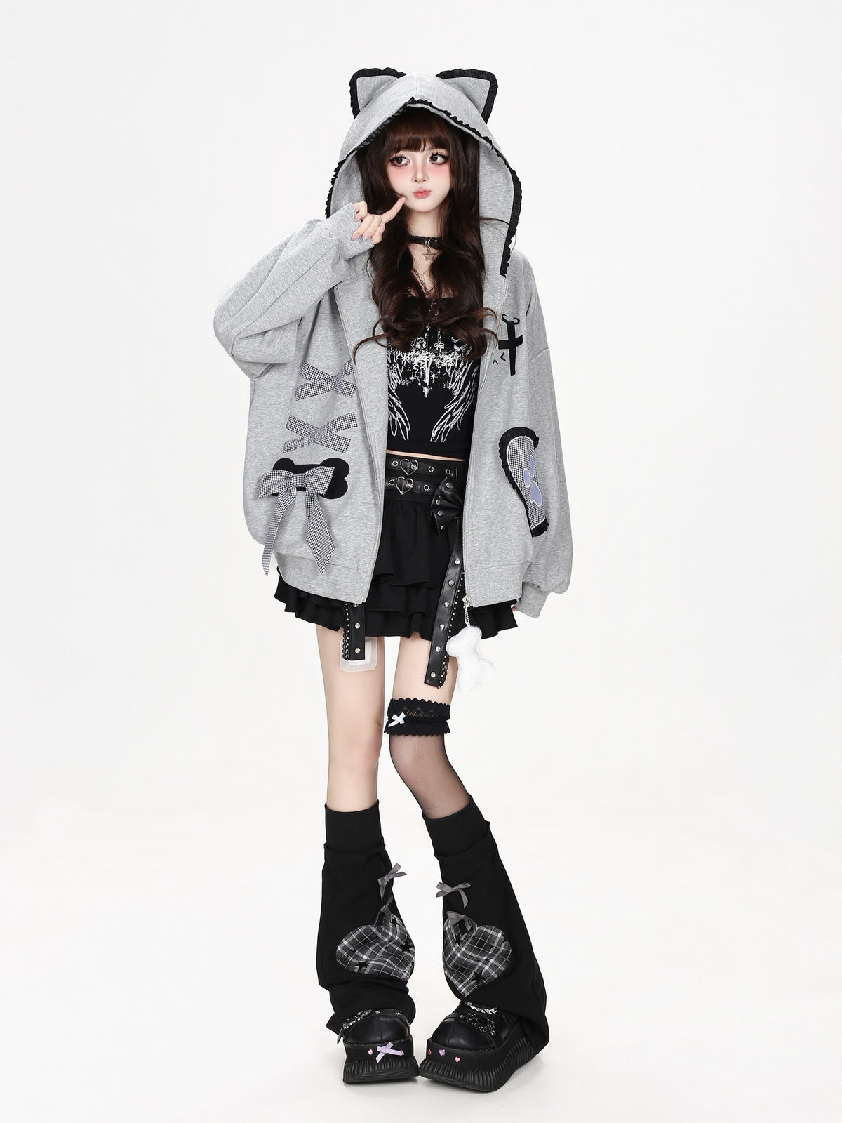 CRAZYGIRL Plaid Bow Heart Print Hooded Women&