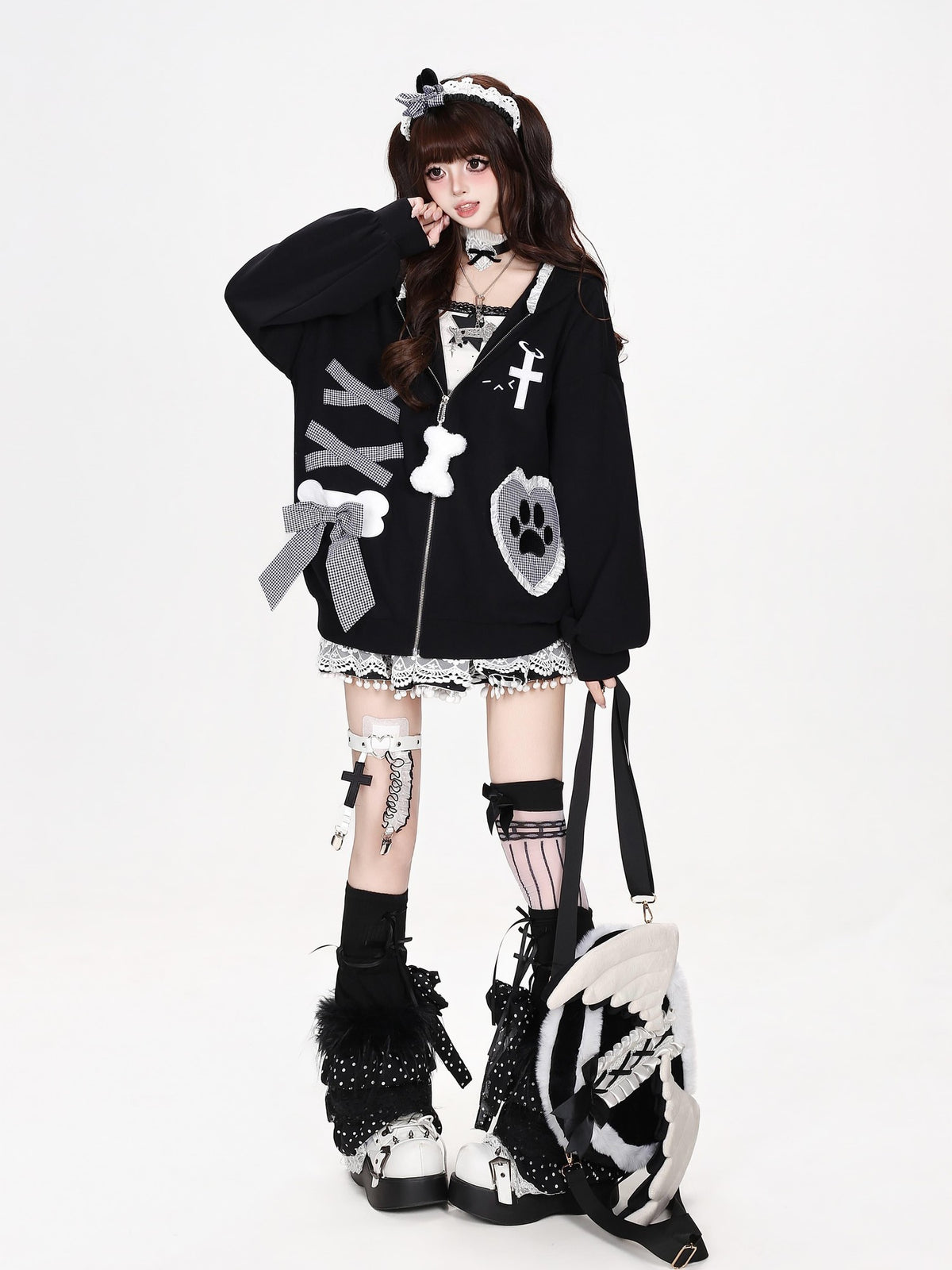 CRAZYGIRL Plaid Bow Heart Print Hooded Women&