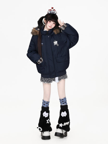 CRAZYGIRL Plaid Embroidered Hooded Loose Thick Warm Women&
