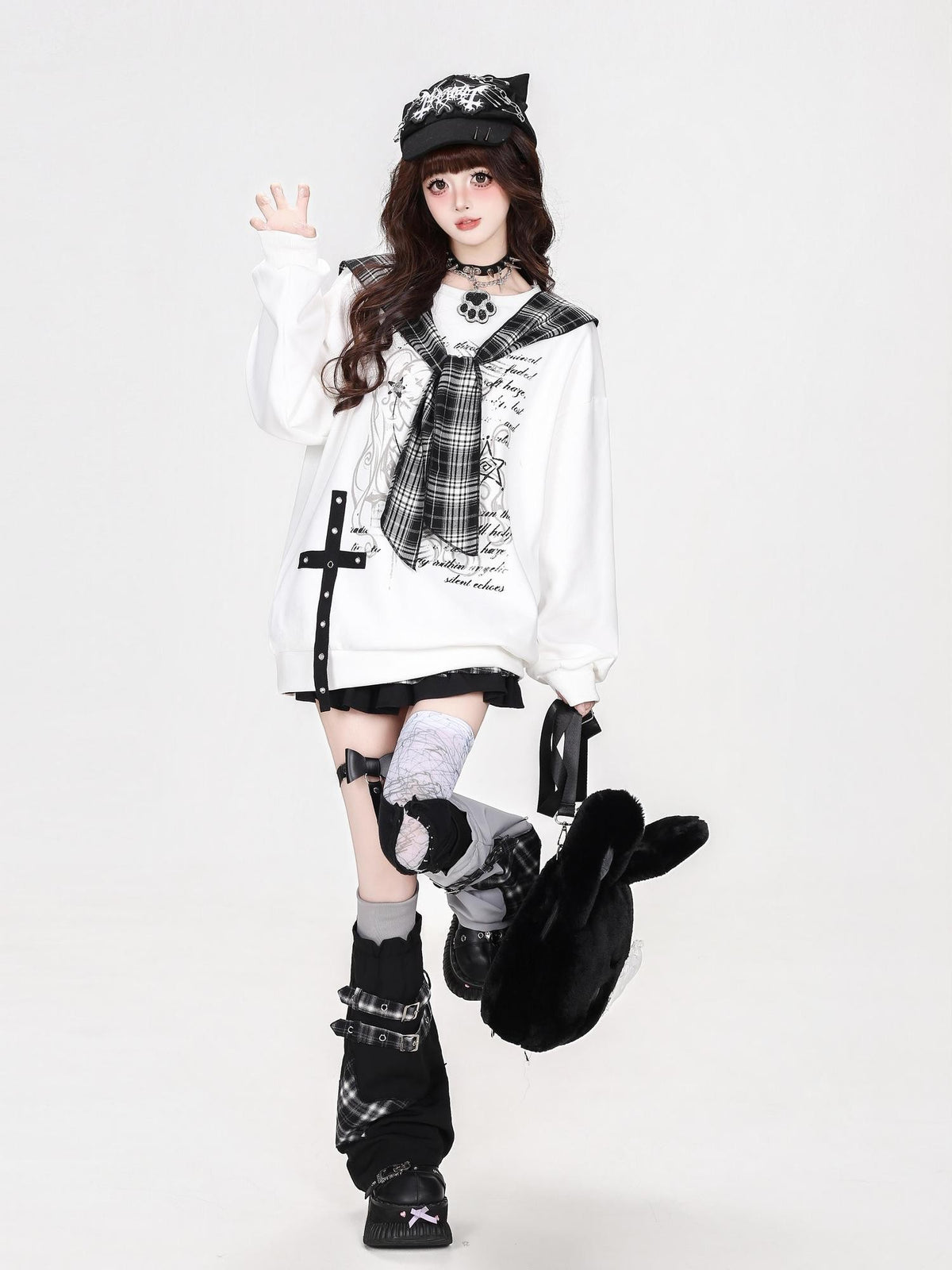 CRAZYGIRL Plaid Letter Print Loose Crewneck Women&