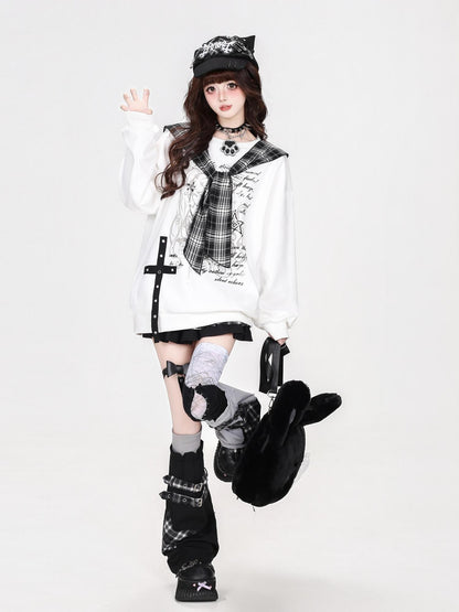 CRAZYGIRL Plaid Letter Print Loose Crewneck Women&