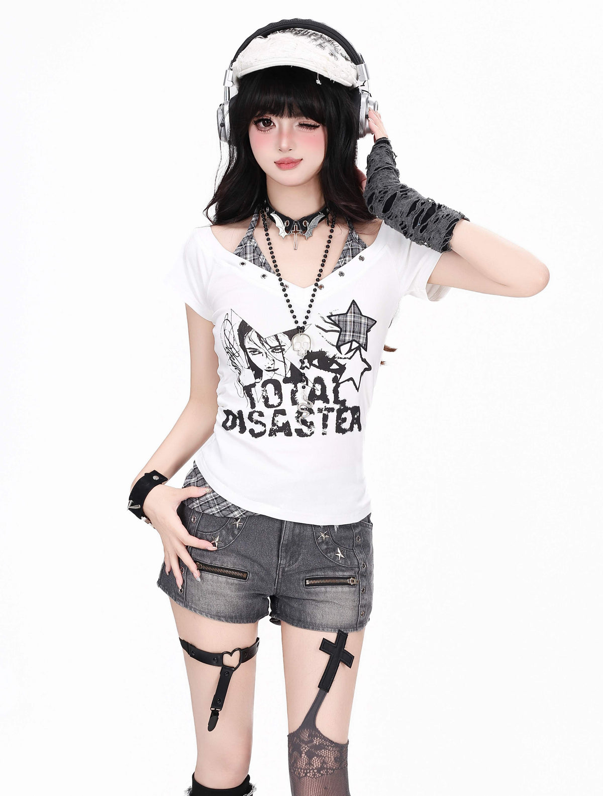 CRAZYGIRL_Plaid_Letter_Print_Studded_V-neck_Halter_Women&