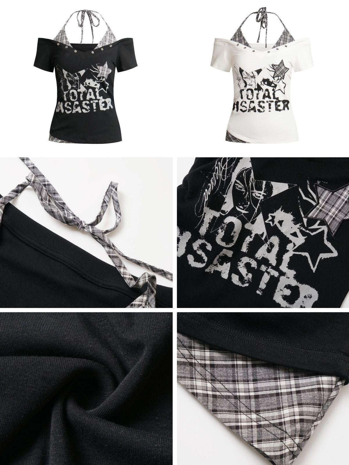 CRAZYGIRL Plaid Letter Print Studded V-neck Halter Women&