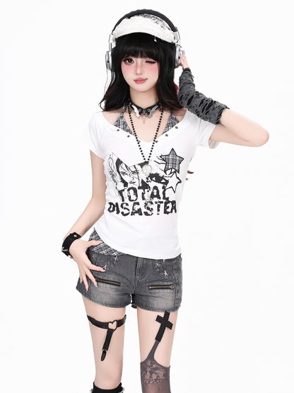 CRAZYGIRL Plaid Letter Print Studded V-neck Halter Women&