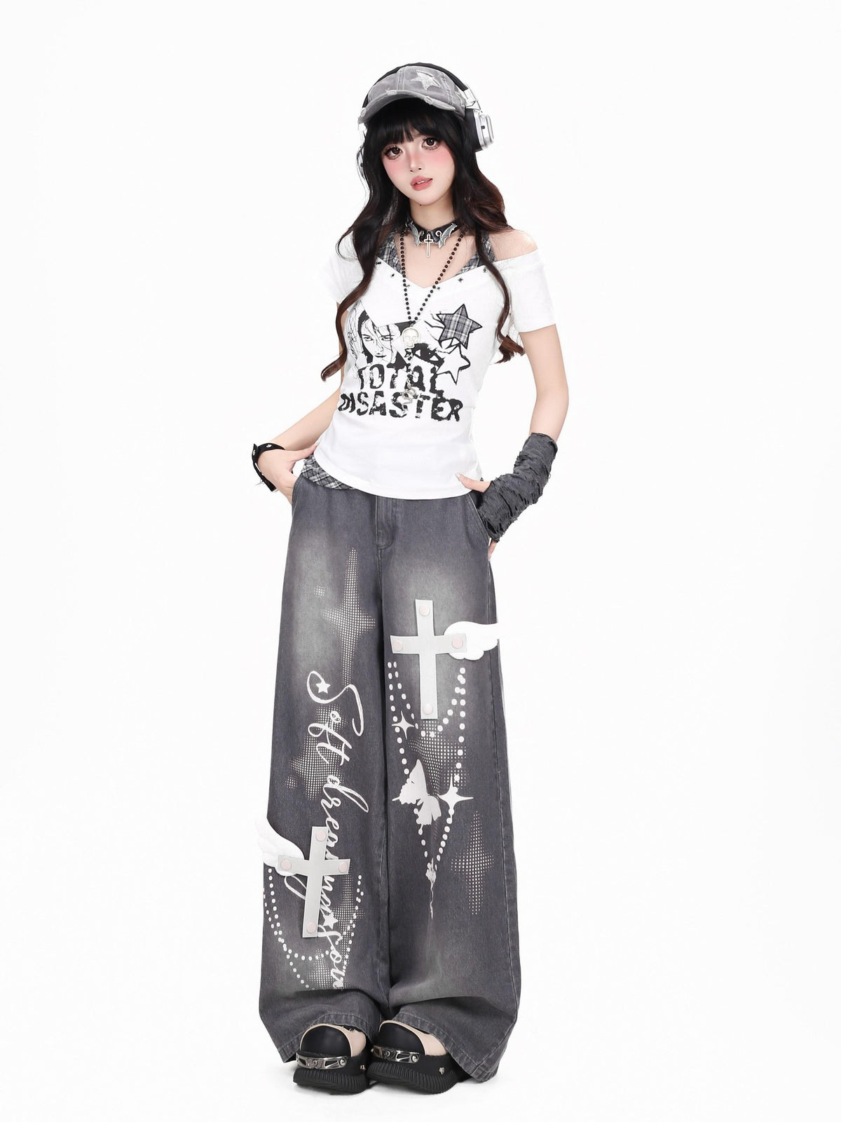 CRAZYGIRL Plaid Letter Print Studded V-neck Halter Women&
