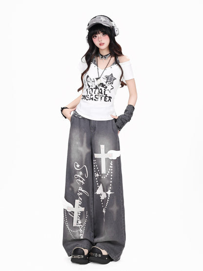 CRAZYGIRL Plaid Letter Print Studded V-neck Halter Women&