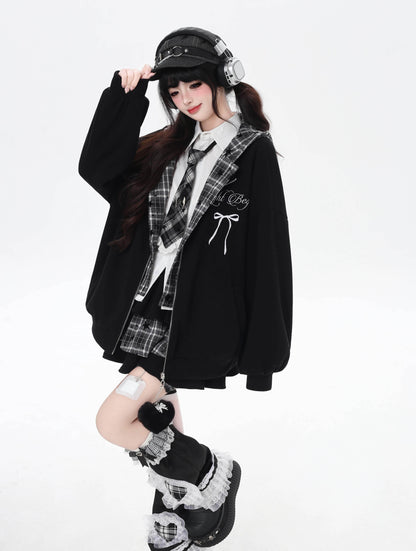CRAZYGIRL_Plaid_Rabbit_Ear_Embroidered_Hooded_Loose_Women&