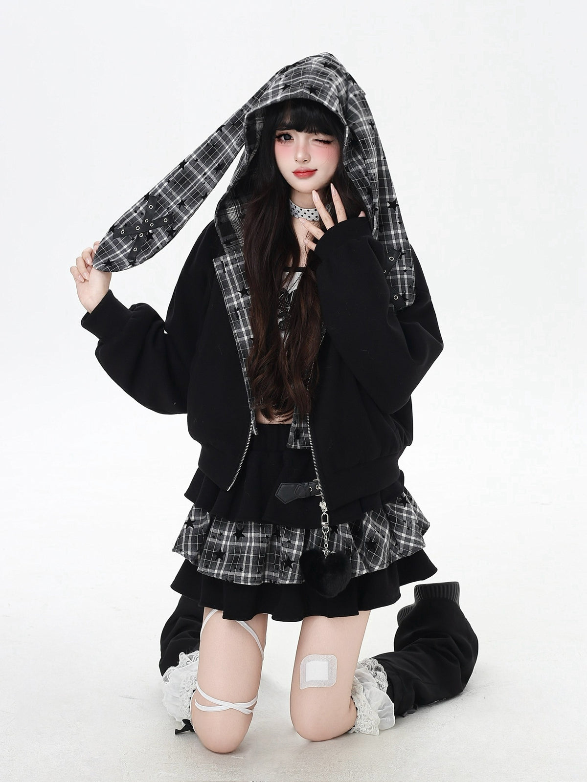CRAZYGIRL_Plaid_Rabbit_Ear_Embroidered_Hooded_Loose_Women&
