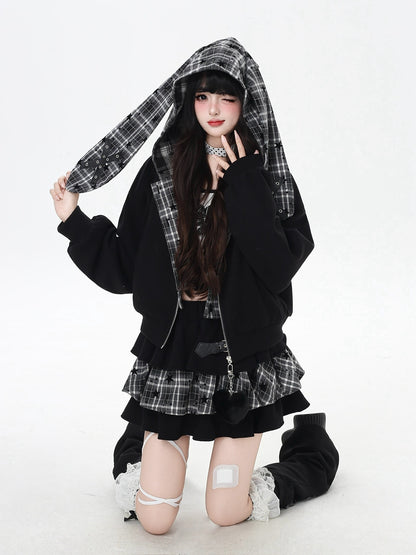 CRAZYGIRL_Plaid_Rabbit_Ear_Embroidered_Hooded_Loose_Women&