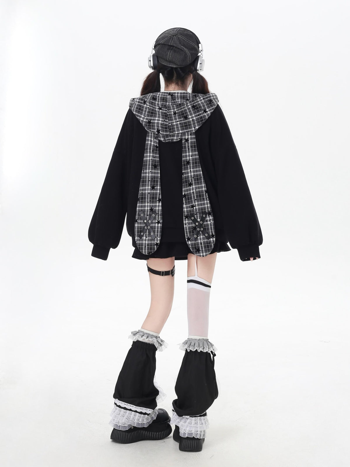 CRAZYGIRL Plaid Rabbit Ear Embroidered Hooded Loose Women&