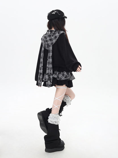 CRAZYGIRL Plaid Rabbit Ear Embroidered Hooded Loose Women&
