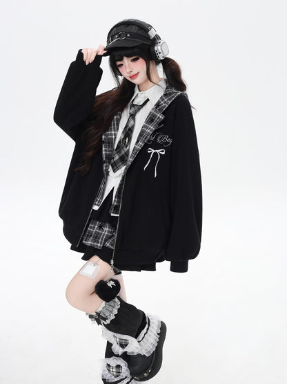 CRAZYGIRL Plaid Rabbit Ear Embroidered Hooded Loose Women&